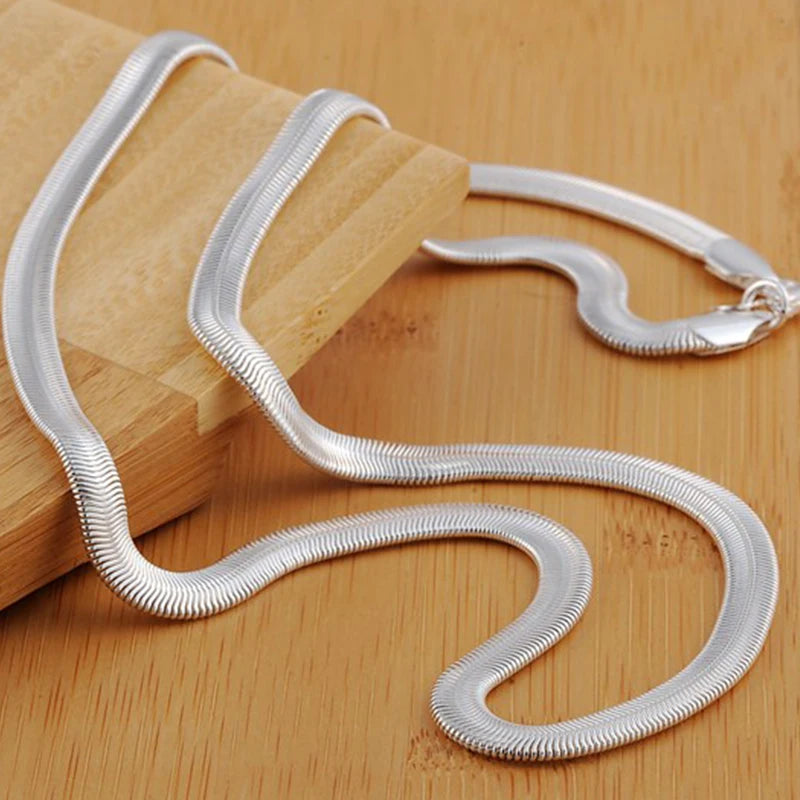 DOTEFFIL 925 Sterling Silver 16/18/20/22/24 Inch 6mm Flat Snake Chain Necklace For Women Man Fashion Wedding Party Charm Jewelry