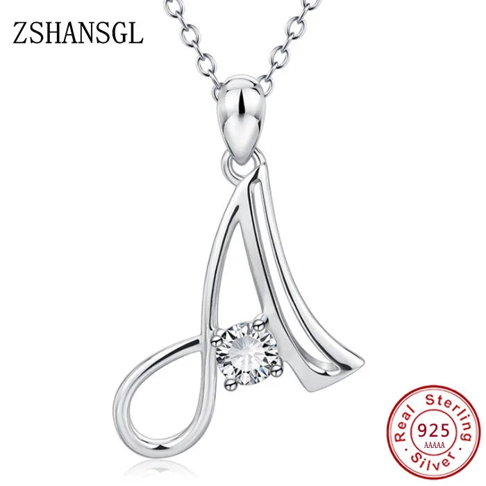 26 Letters alphabet Pendant Necklace 925 sterling Silver Handwritten Zircon Pendants Long Chain For Women Wedding Jewelry Gift