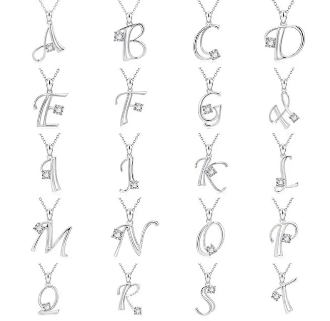 26 Letters alphabet Pendant Necklace 925 sterling Silver Handwritten Zircon Pendants Long Chain For Women Wedding Jewelry Gift