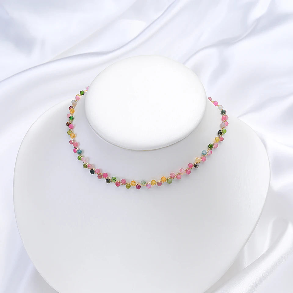 Lina Jw Natural Stone Necklace for Women Tourmaline/Fluorite/Amethyst Handwork Choker Jewelry Party/Wedding Design Luxury Gift