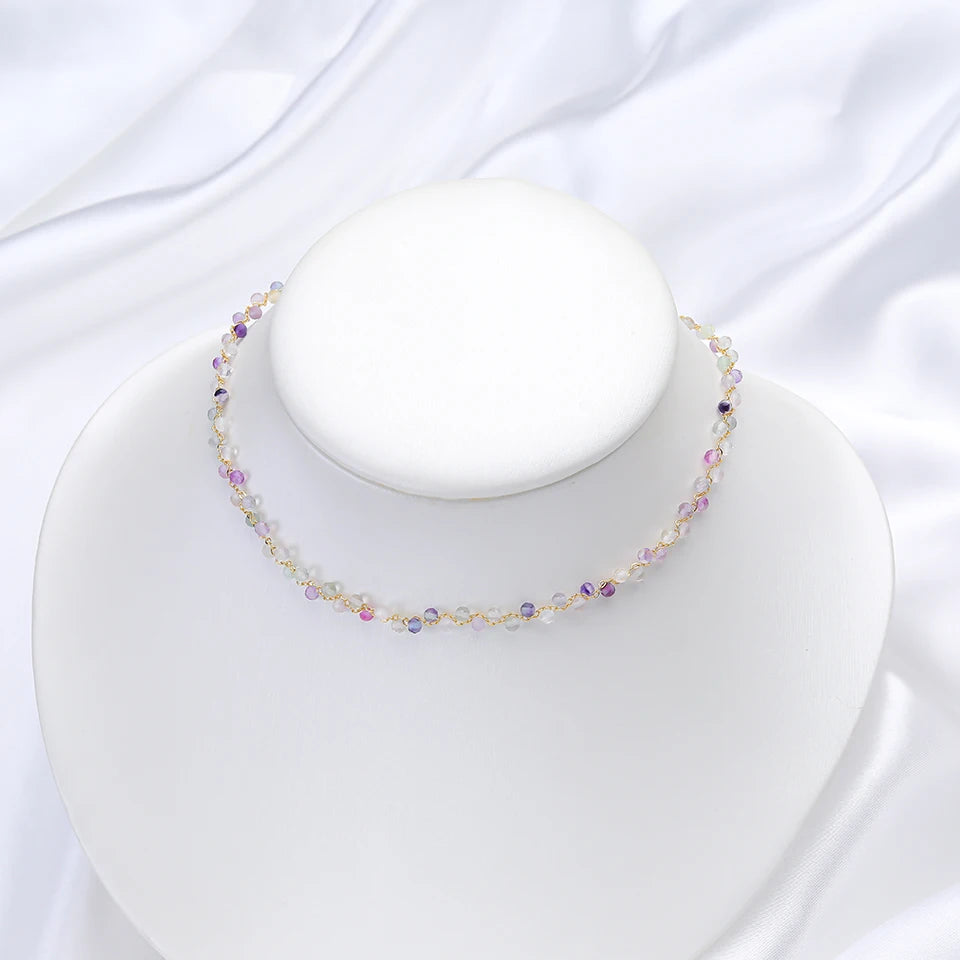 Lina Jw Natural Stone Necklace for Women Tourmaline/Fluorite/Amethyst Handwork Choker Jewelry Party/Wedding Design Luxury Gift