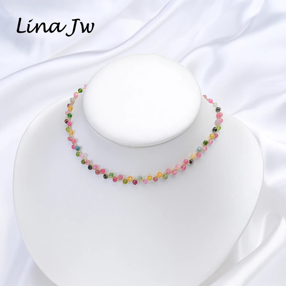 Lina Jw Natural Stone Necklace for Women Tourmaline/Fluorite/Amethyst Handwork Choker Jewelry Party/Wedding Design Luxury Gift