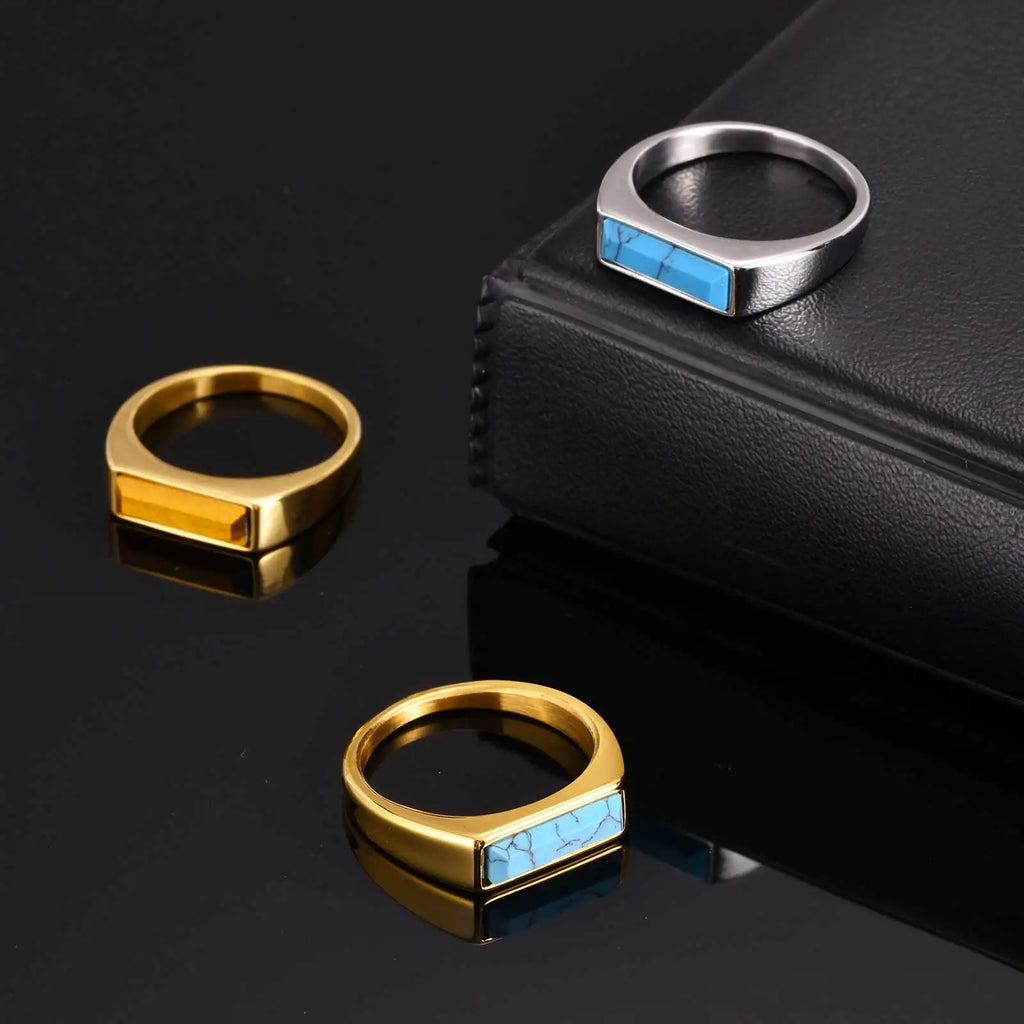 Vnox Stainless Steel Square Turquoise Ring, Natural Stone Inlay Rings For Men Women, 5.5mm Wide 7-12 Size Jewelry On Finger