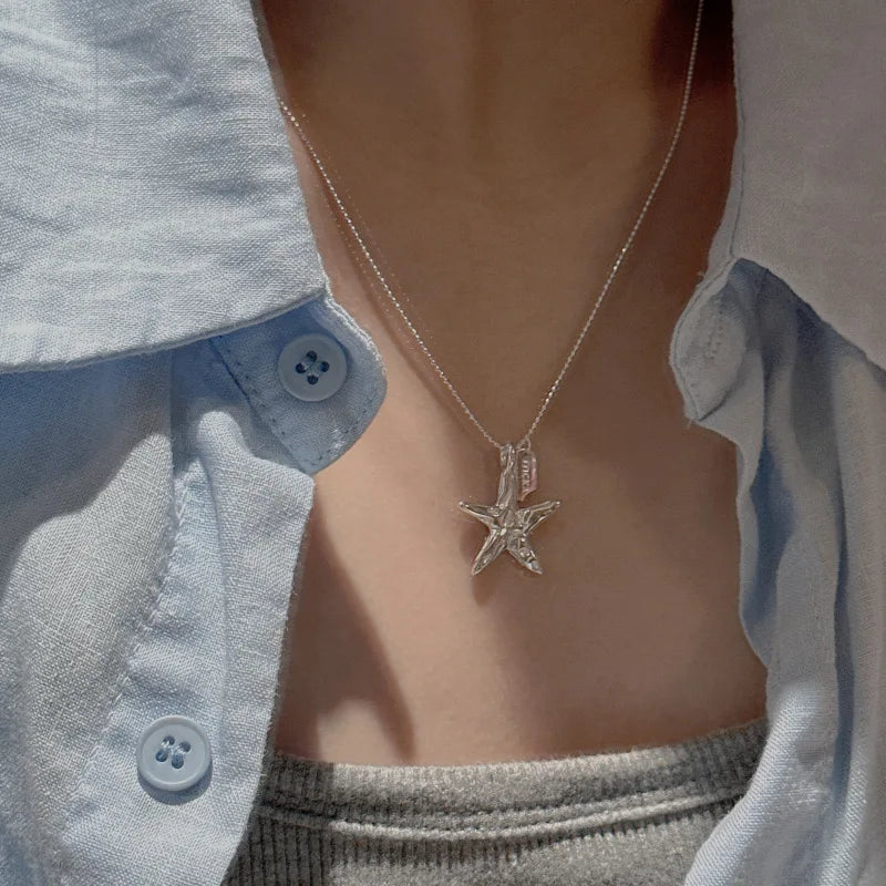 S925 Sterling Silver Necklaces For Women Simple Chain Fashion Minimalist Starfish Shape Necklaces Birthday Gift