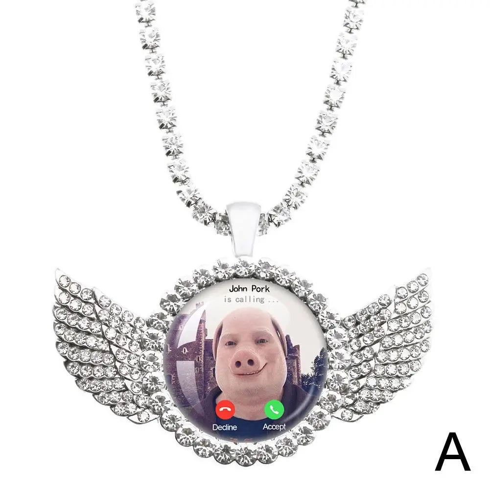 For John Pork Is Calling Answer Call Phone Humor Funny Pig Lover Graphic The Moon Necklace Angel Wings Pendant Necklace Gift