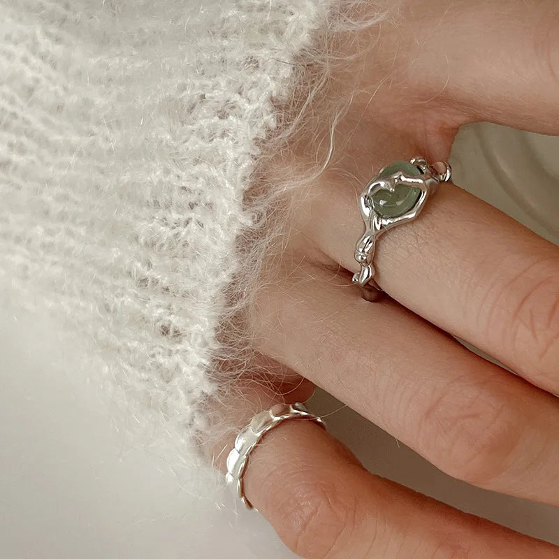 925 Sterling Silver plated Liquid Lava Hetian Jade Bamboo Ring for Women Girl Gift Irregular Vintage Jewelry Dropshipping