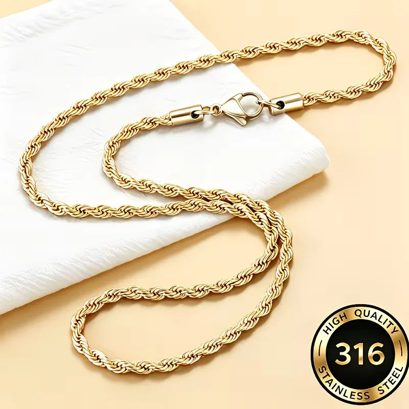 Classic Dainty Gold Color Rope Chain Necklaces for Women Men Chic Twisted Collar Waterproof Stainless Steel Link 2/3/4mm Width