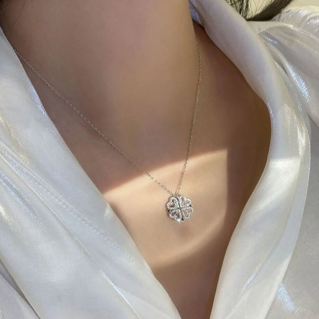 1pc Heart Shaped Four Leaf Clover Pendant Necklace Jewelry Zircon Women Love Clavicle Chain Gifts Openable ChokerJewelry