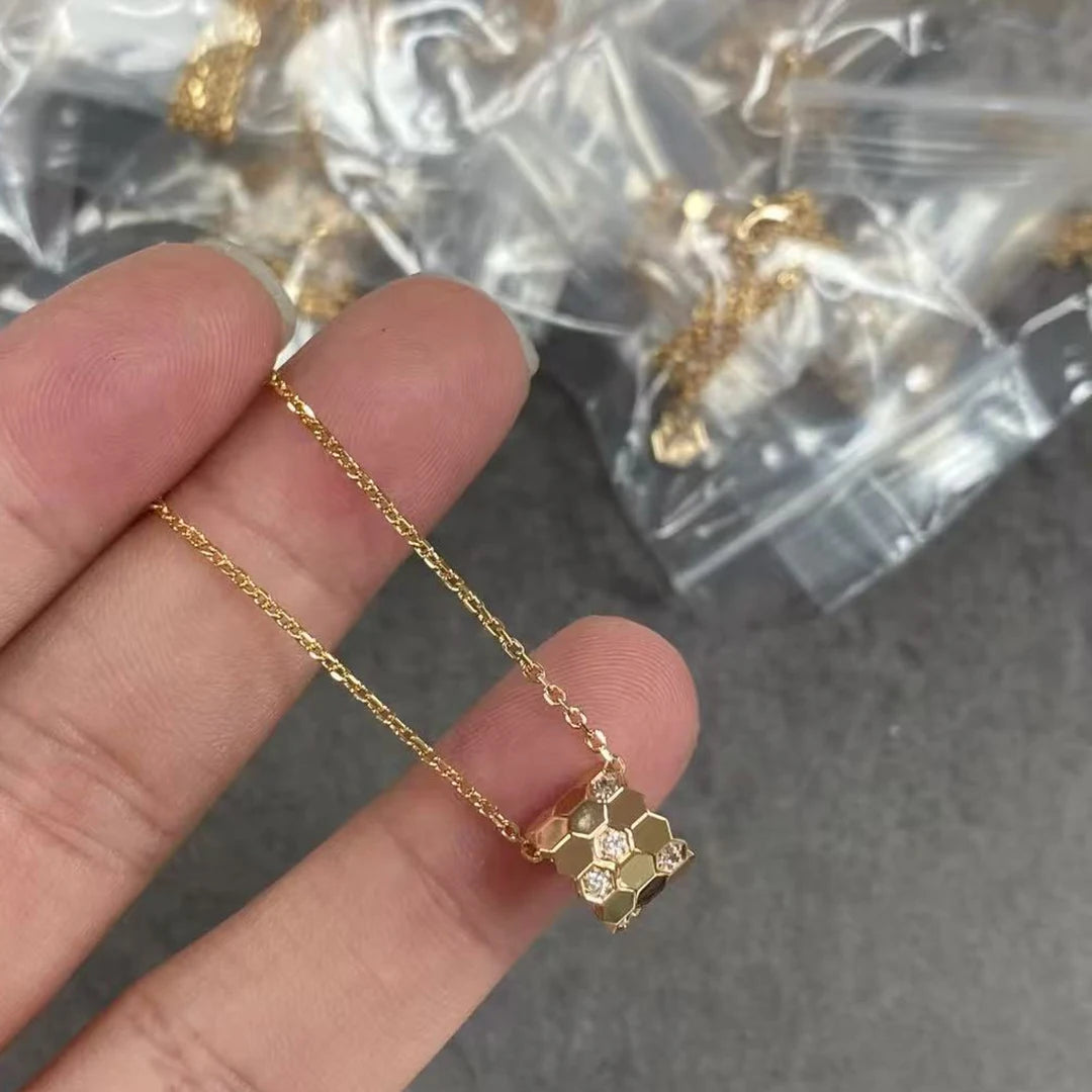 S 925 Sterling Silver Diamond Studded 18K Gold Premium CNC Honeycomb Series Charming Women's Necklace. Bee My Love