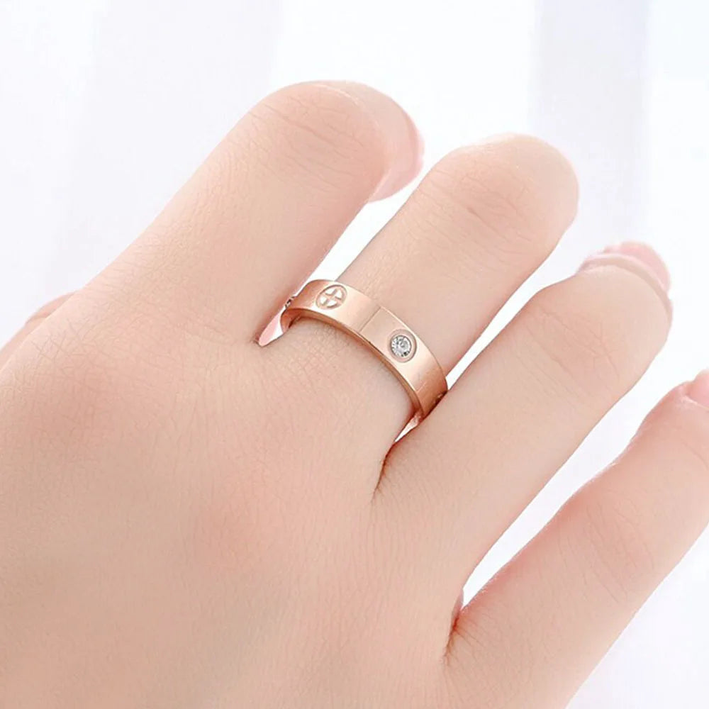Classic Stainless Steel Cross with Zircon Love Rings for Women Men Couple Finger Ring Luxury Jewelry Wedding Party Gift