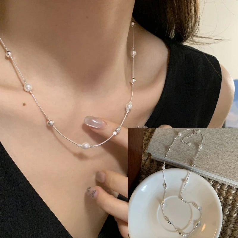 PANJBJ 925 Sterling Silver Line Necklace for Women Girl Fashion Concise  Individuality Jewelry Birthday Gift Dropshipping