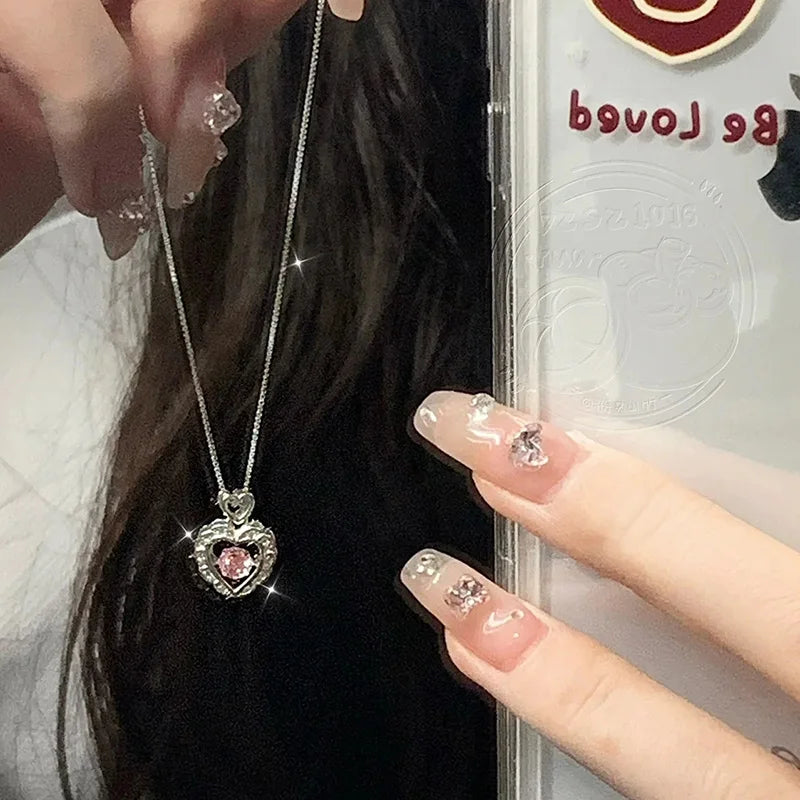 New 925 Sterling Silver Pink Zircon Love Necklace Charm Woman Pendant Geometric Shape Choker Birthday Gift Exquisite Jewelry