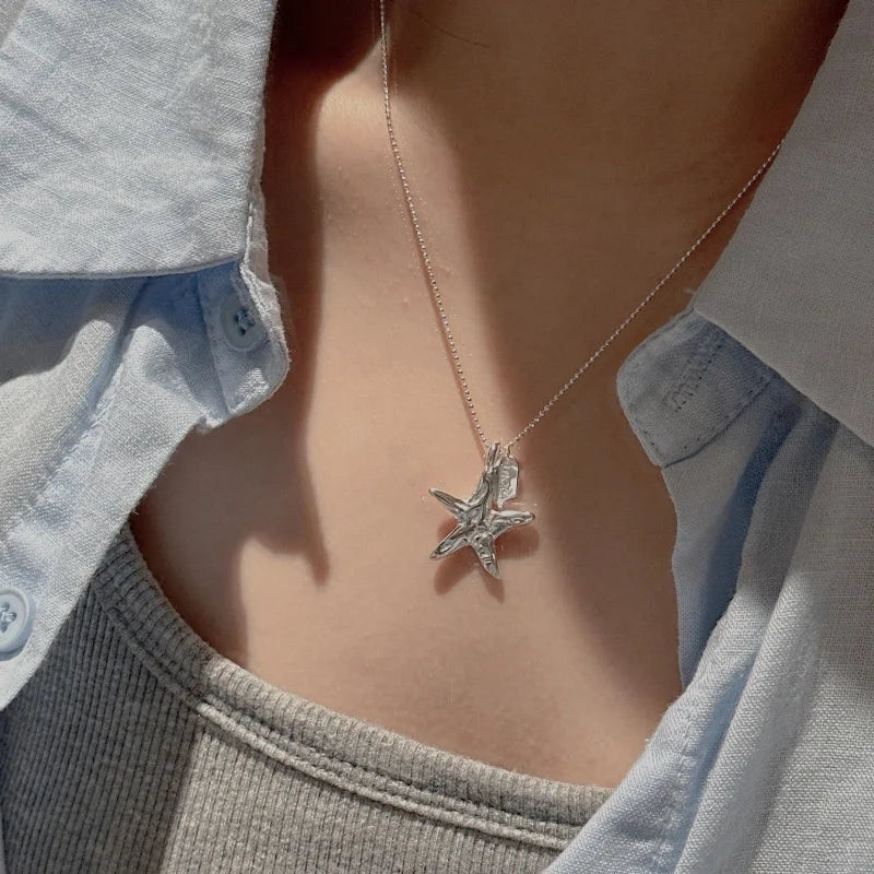 S925 Sterling Silver Necklaces For Women Simple Chain Fashion Minimalist Starfish Shape Necklaces Birthday Gift