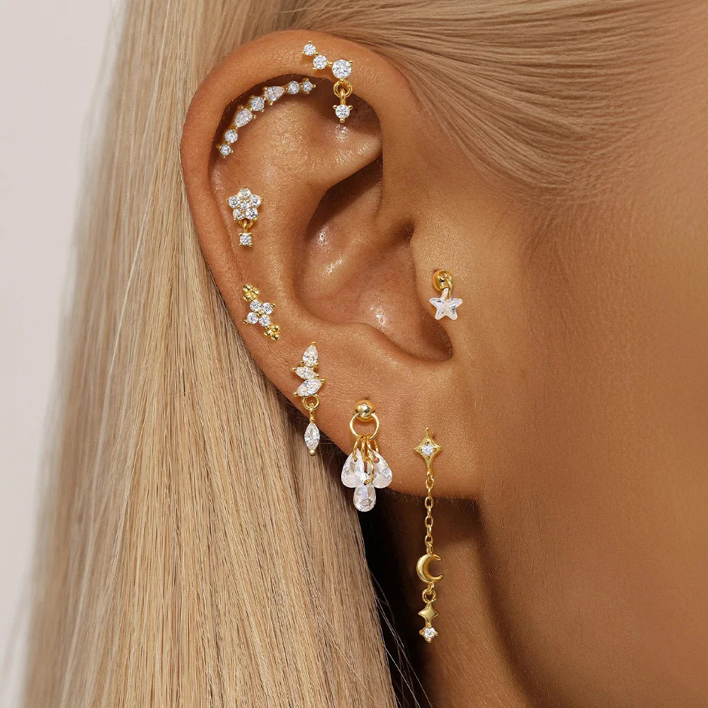 CANNER 1PC Four Pointed Star Moon Tassel Lotus Cartilage Spiral Puncture 925 Sterling Silver Stud Earring For Women Ins Earring