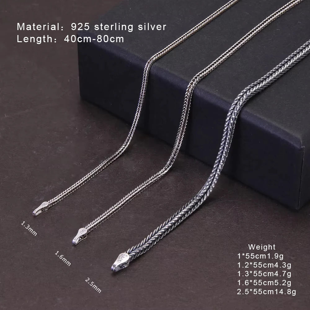 Real Pure 925 Sterling Silver Necklace Chain Women And Men Vintage Foxtail 1.6mm Retro Solid Thai Silver Italy Fine Jewelry