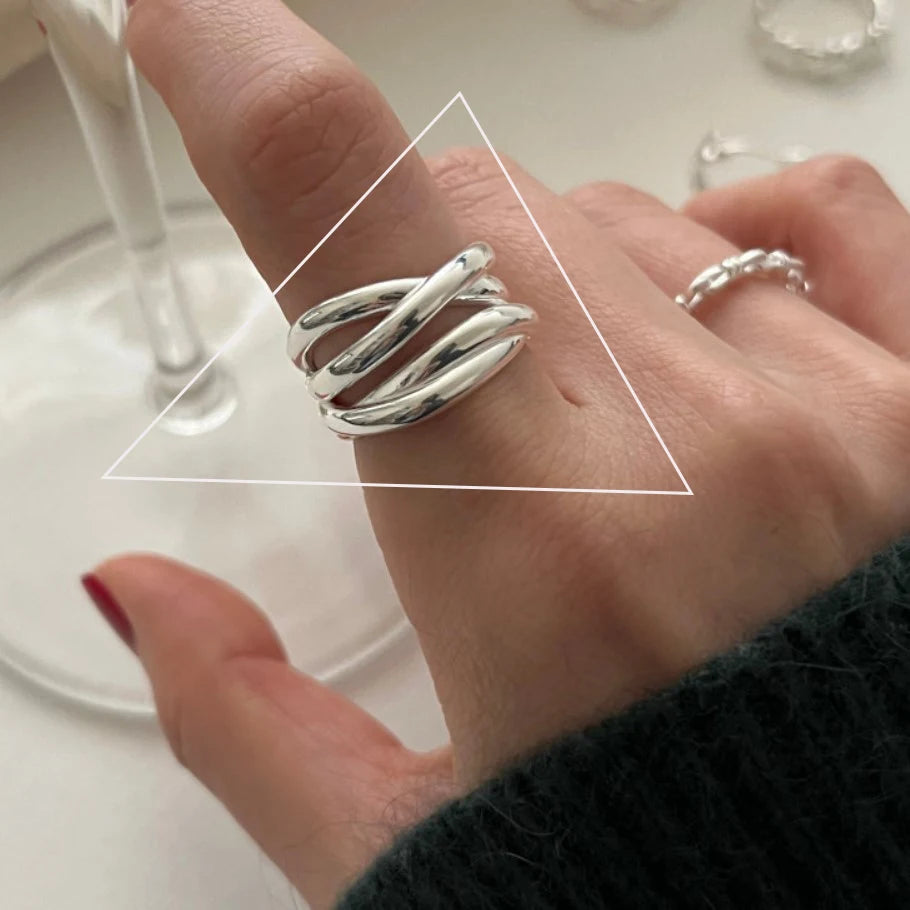 VENTFILLE 925 Sterling Silver Rings INS Fashion Hip Hop Vintage Couples Hollow Lines Punk Thai Silver Party Adjustable  Jewelry