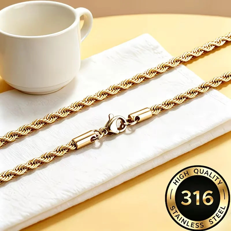 Classic Dainty Gold Color Rope Chain Necklaces for Women Men Chic Twisted Collar Waterproof Stainless Steel Link 2/3/4mm Width