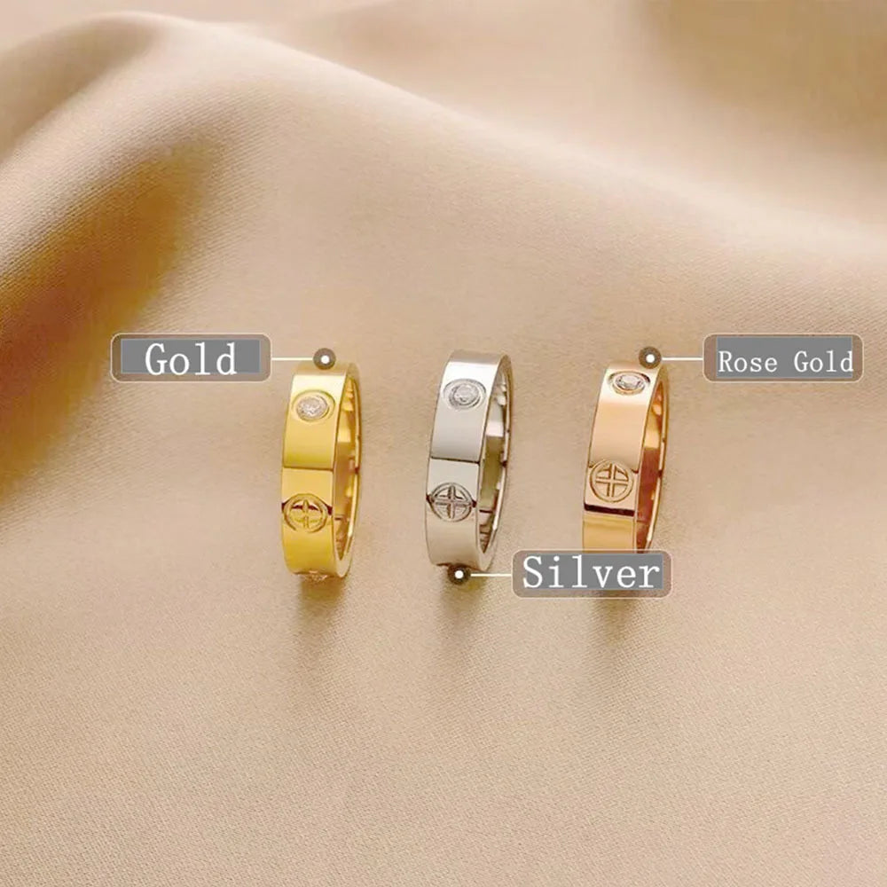 Classic Stainless Steel Cross with Zircon Love Rings for Women Men Couple Finger Ring Luxury Jewelry Wedding Party Gift