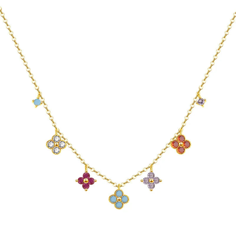 925 Sterling Silver Lucky Clover Four-Leaf Pendant Necklace for Women Colorful Flower Clavicle Chain Fine Jewelry Gifts