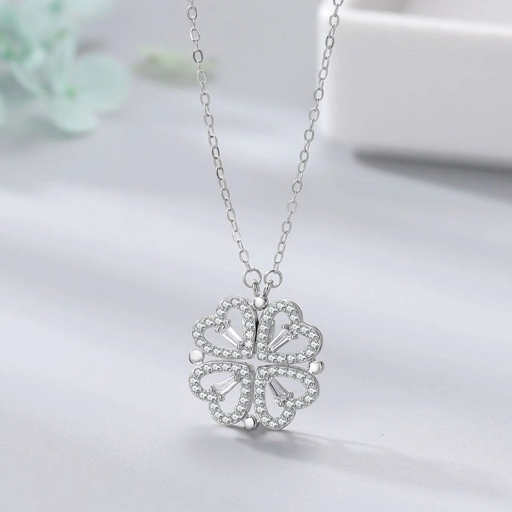 1pc Heart Shaped Four Leaf Clover Pendant Necklace Jewelry Zircon Women Love Clavicle Chain Gifts Openable ChokerJewelry