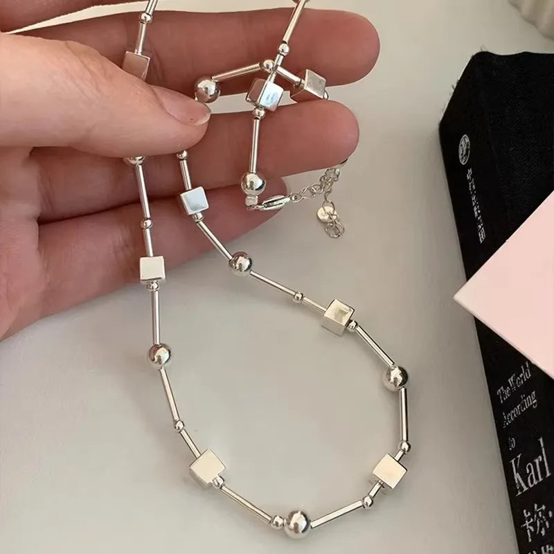PANJBJ 925 Sterling Silver Line Necklace for Women Girl Fashion Concise  Individuality Jewelry Birthday Gift Dropshipping