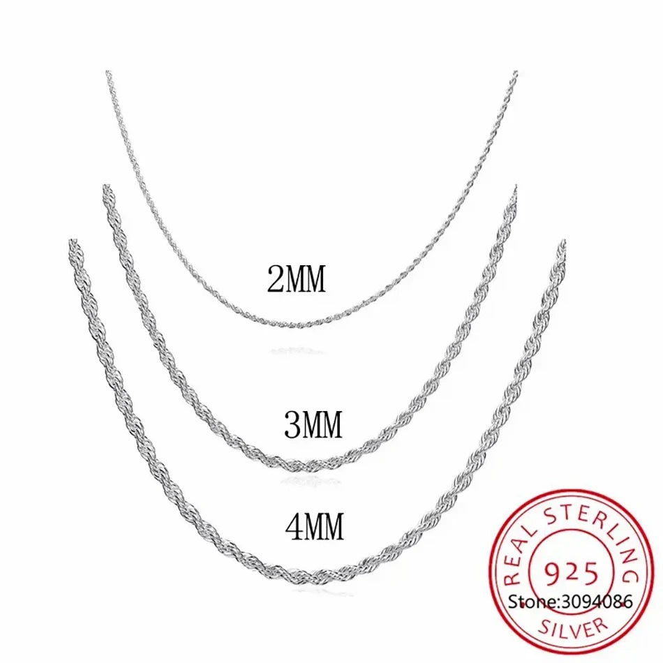 Classic Rope Chain Men Necklace Width 2/3/4 MM 925 Sterling Silver Figaro Cuban Chain Necklace for Men Women Jewelry