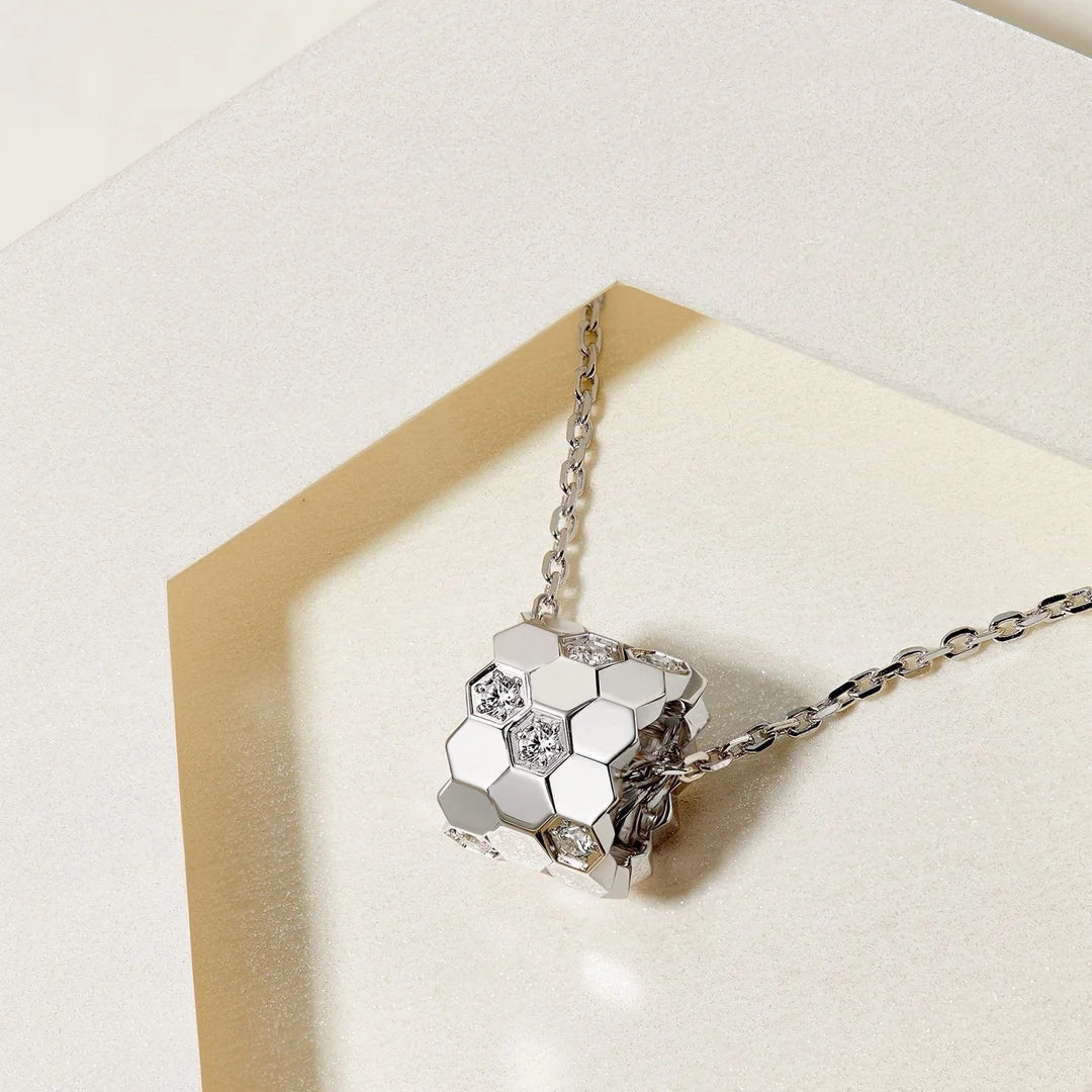 S 925 Sterling Silver Diamond Studded 18K Gold Premium CNC Honeycomb Series Charming Women's Necklace. Bee My Love