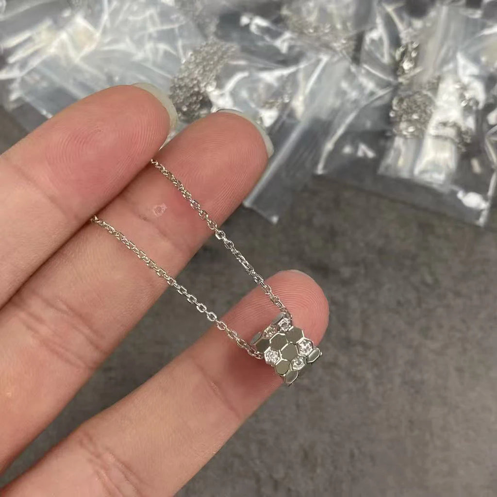 S 925 Sterling Silver Diamond Studded 18K Gold Premium CNC Honeycomb Series Charming Women's Necklace. Bee My Love