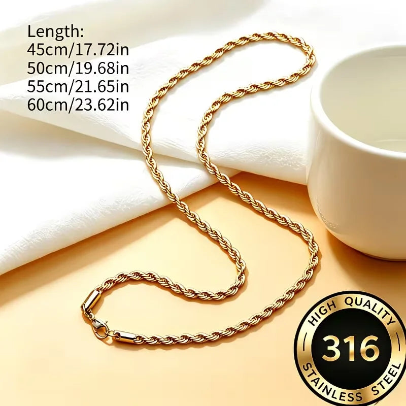 Classic Dainty Gold Color Rope Chain Necklaces for Women Men Chic Twisted Collar Waterproof Stainless Steel Link 2/3/4mm Width