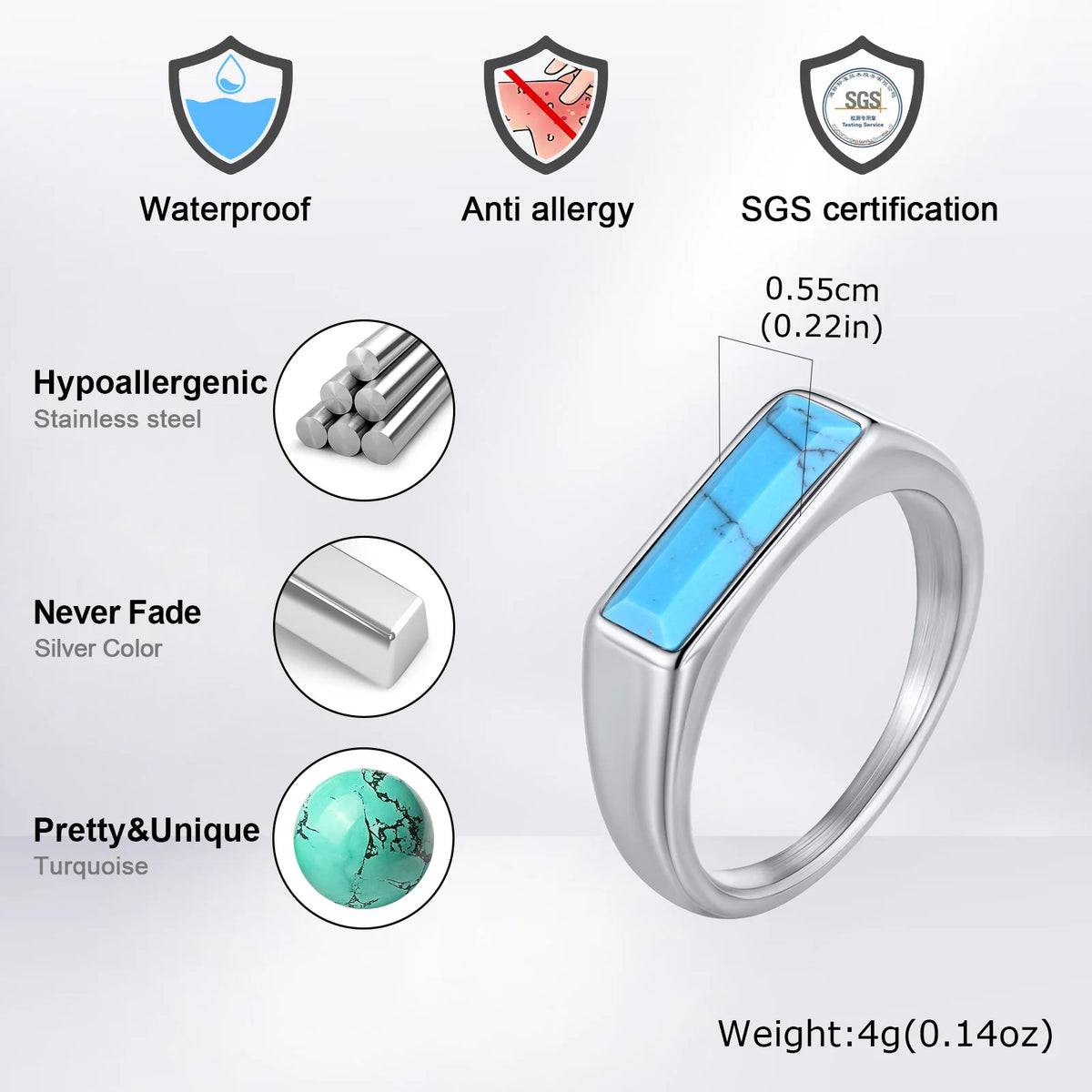 Vnox Stainless Steel Square Turquoise Ring, Natural Stone Inlay Rings For Men Women, 5.5mm Wide 7-12 Size Jewelry On Finger
