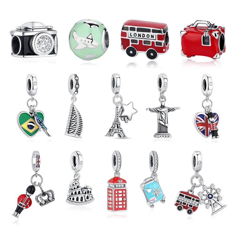 Original 925 Sterling Silver Charms Love Travel London Bus Paris Eiffel Tower Beads Fit Bracelets Necklaces Women DIY Jewelry