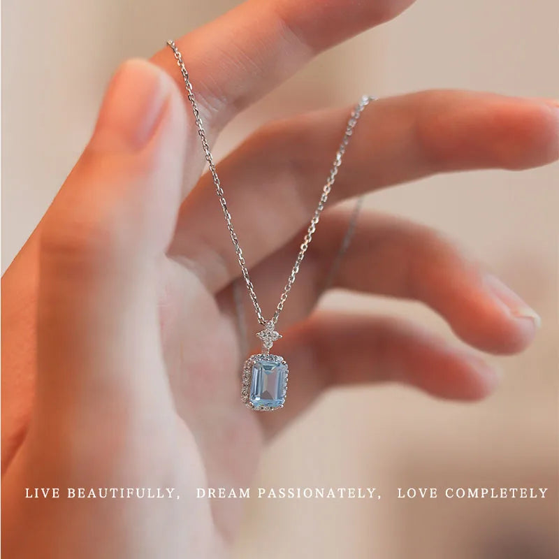 New 925 Sterling Silver Necklace  Luxury Rhine Topaz Pendant Sapphire Necklace  Banquet Glamour Jewelry for Women Engagement