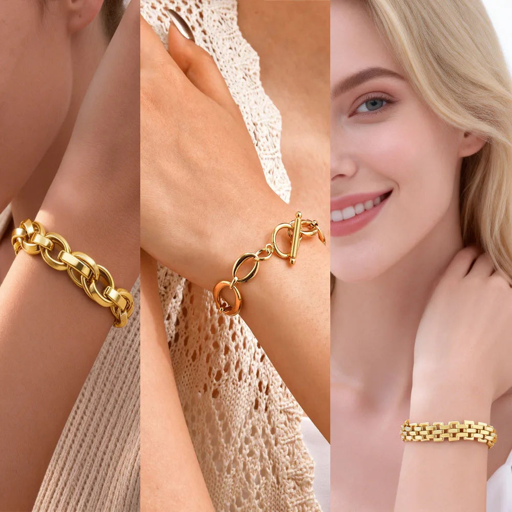 Chunky Bold Toggle Bracelets for Women, Stainless Steel OT Buckle Link Chain Bracelet Gold Plated Tarnish Free