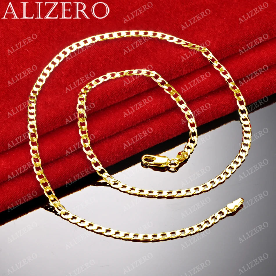ALIZERO 18K Gold Necklace 18-30 Inch 4mm Side Chain Necklace For Women Men Fashion Wedding Party Fine Jewelry Gifts