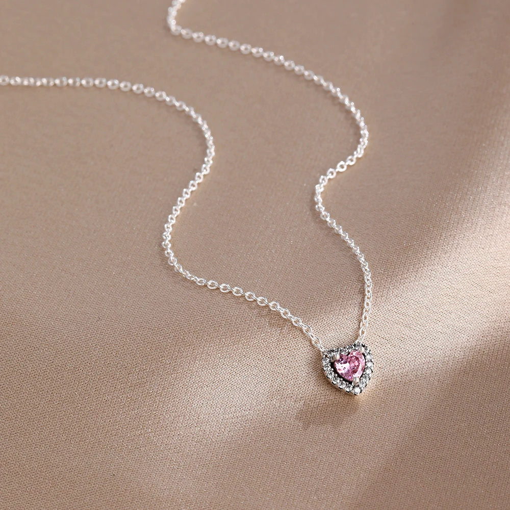 New Hot Selling 925 Silver,Pink,Red,Blue Heart-Shaped Necklace,Suitable for European Women's Exquisite High-Quality Jewelry Gift