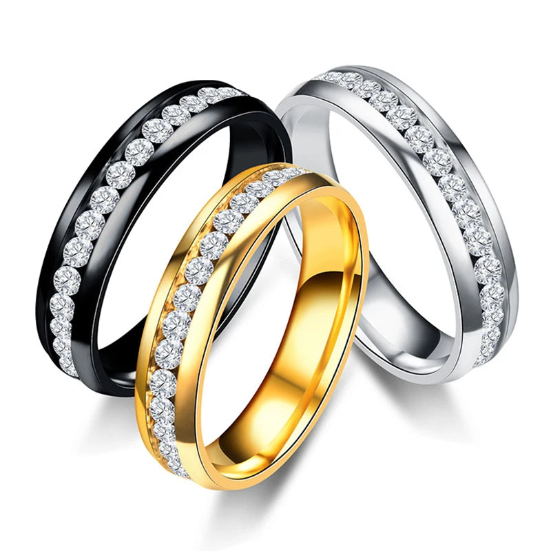 6MM Stainless Steel Crystal Rings For Women Fashion Full Rhinestone Titanium Steel Bride Ring Trendy Wedding Party Jewelry Gift