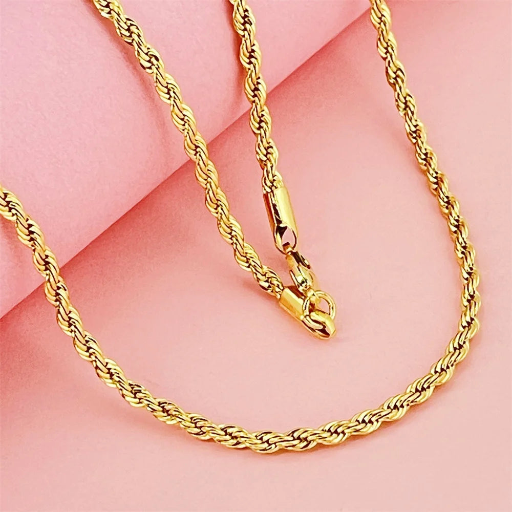 Andara Luxury 925 Sterling Silver Gold Plated 3MM Twisted Rope Necklace for Women Men Accessories Jewelry 40-60CM