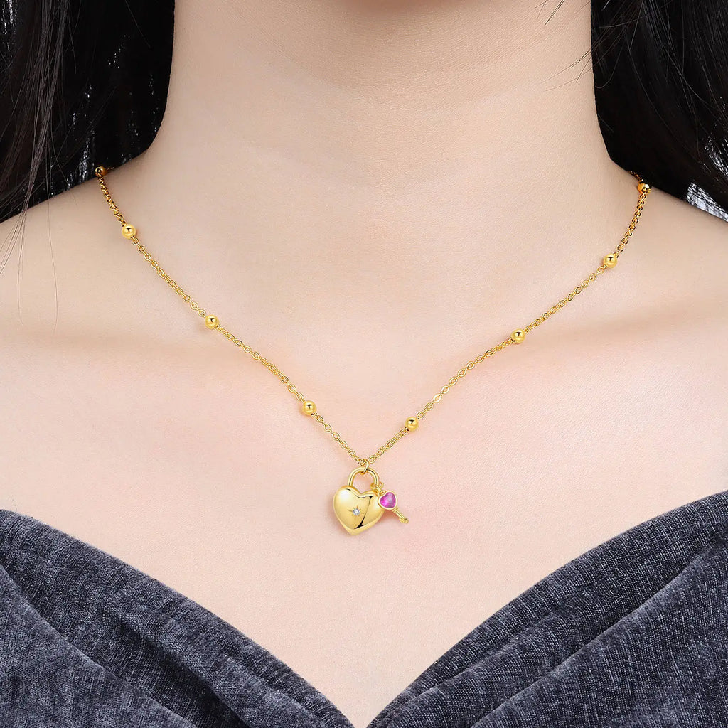Minimalist Dainty 925 Sterling Silver Heart Lock and Key Y-shaped Chain Necklace 18K Gold Plated Jewelry Gift For Women Birthday