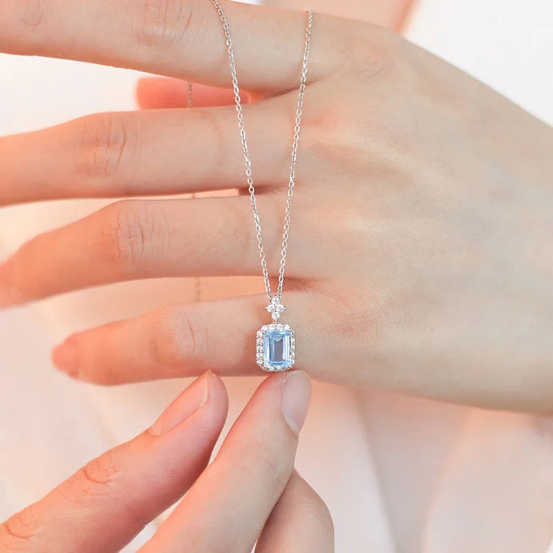 New 925 Sterling Silver Necklace  Luxury Rhine Topaz Pendant Sapphire Necklace  Banquet Glamour Jewelry for Women Engagement