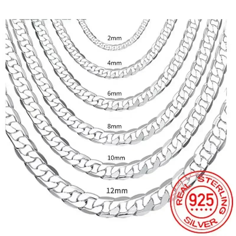 JewelryTop Men's 925 Sterling Silver Necklace 2/4/6/8/10/12MM 40-75cm Chain Lobster Clasp Man And Women Engagement Jewelry