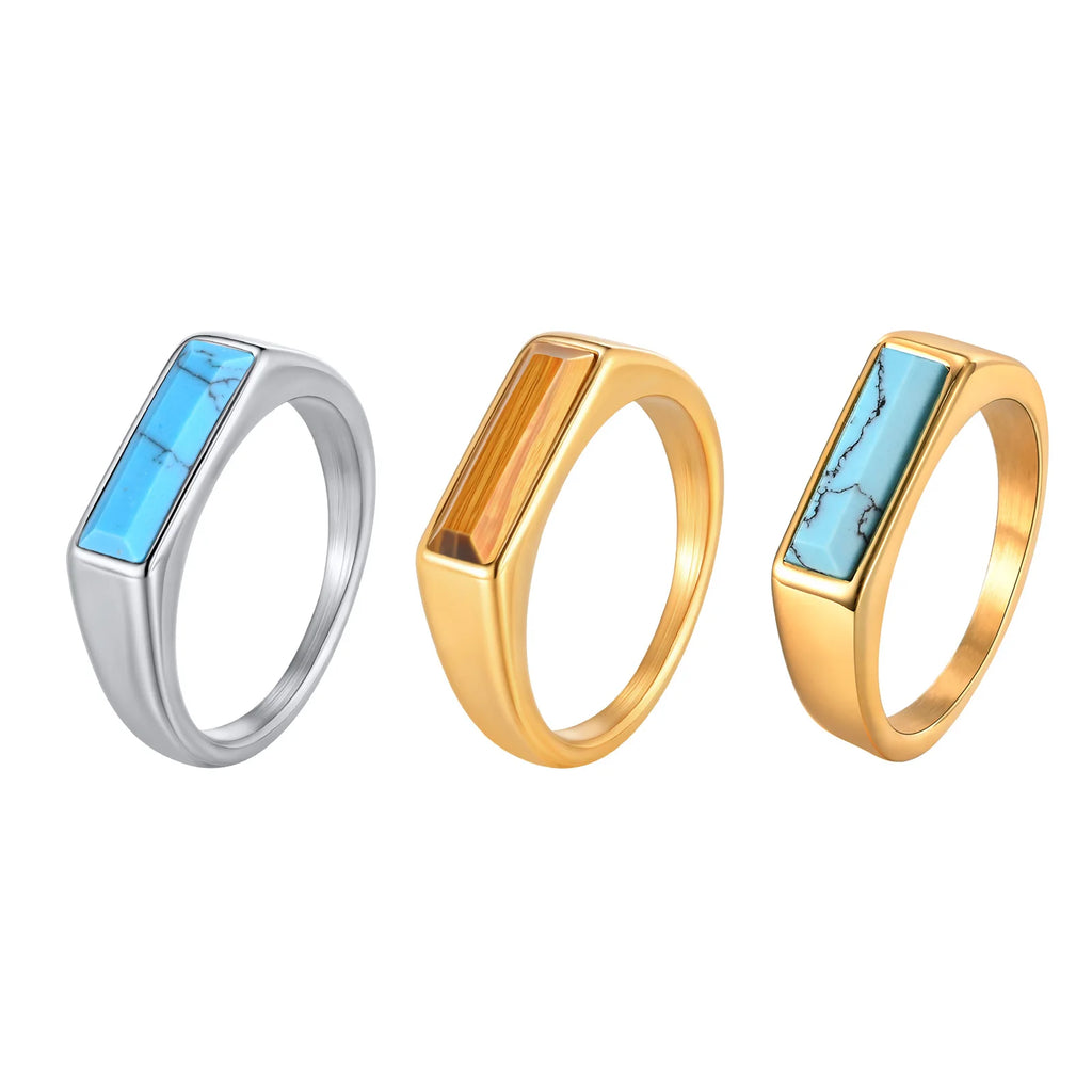 Vnox Stainless Steel Square Turquoise Ring, Natural Stone Inlay Rings For Men Women, 5.5mm Wide 7-12 Size Jewelry On Finger