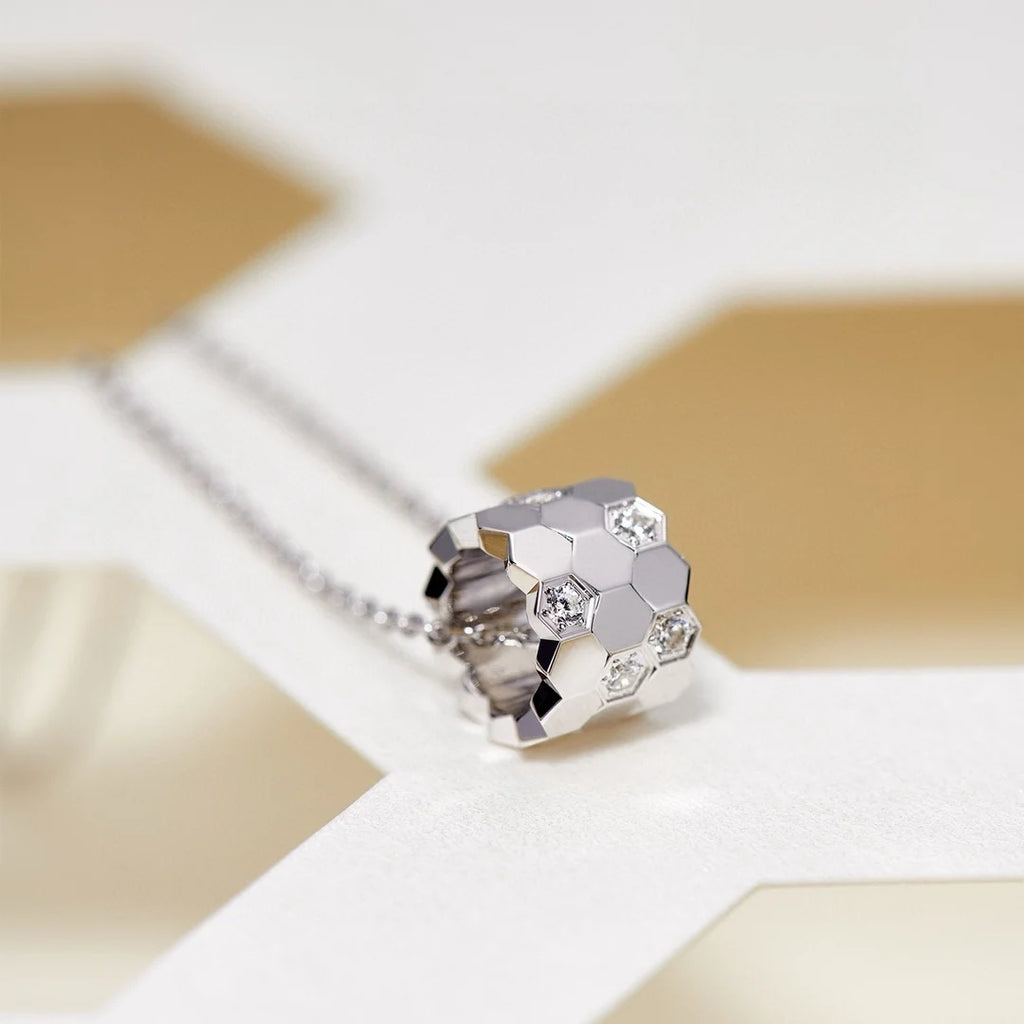 S 925 Sterling Silver Diamond Studded 18K Gold Premium CNC Honeycomb Series Charming Women's Necklace. Bee My Love
