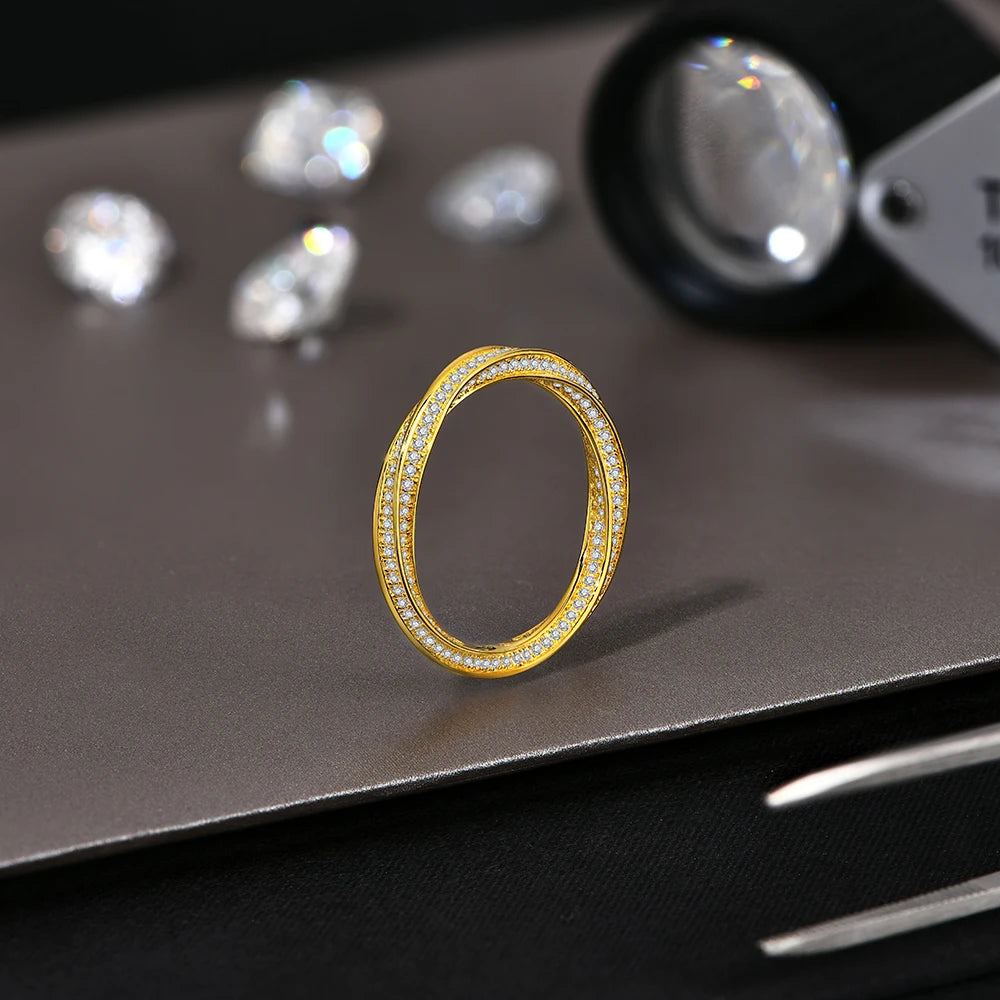ATTAGEMS S925 Silver 18K Gold Plated Moissanite Rings D Color VVS1 Lab Diamond Helix Eternity Band Wedding Jewelry for Women Man