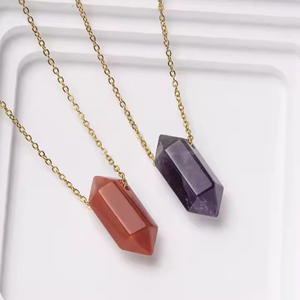 Natural Crystal Stone Rose Quartz amethyst citrine agate bullet Pendant Necklace Stainless Steel gold Chain Gemstone Jewelry