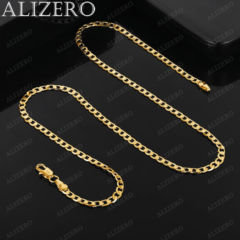 ALIZERO 18K Gold Necklace 18-30 Inch 4mm Side Chain Necklace For Women Men Fashion Wedding Party Fine Jewelry Gifts