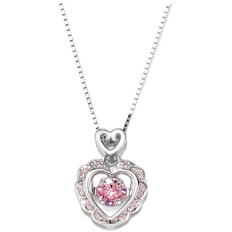 New 925 Sterling Silver Pink Zircon Love Necklace Charm Woman Pendant Geometric Shape Choker Birthday Gift Exquisite Jewelry