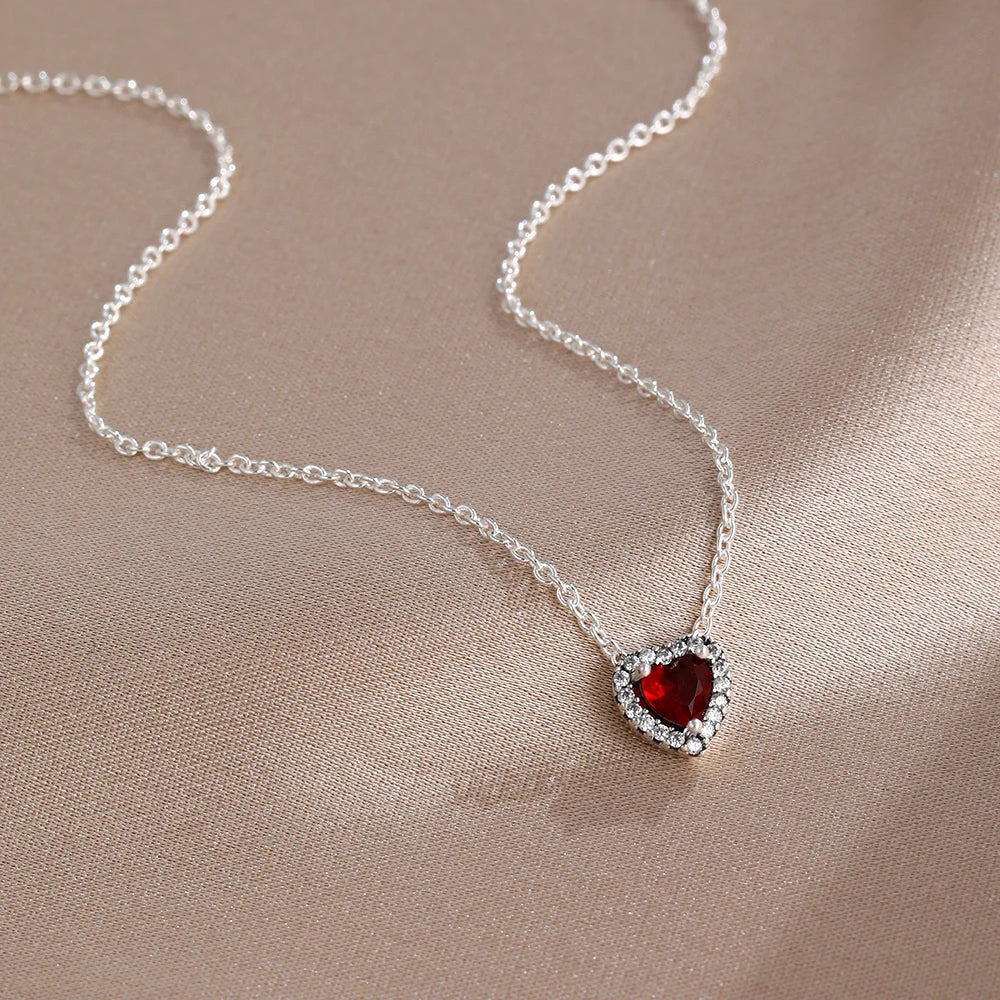 New Hot Selling 925 Silver,Pink,Red,Blue Heart-Shaped Necklace,Suitable for European Women's Exquisite High-Quality Jewelry Gift