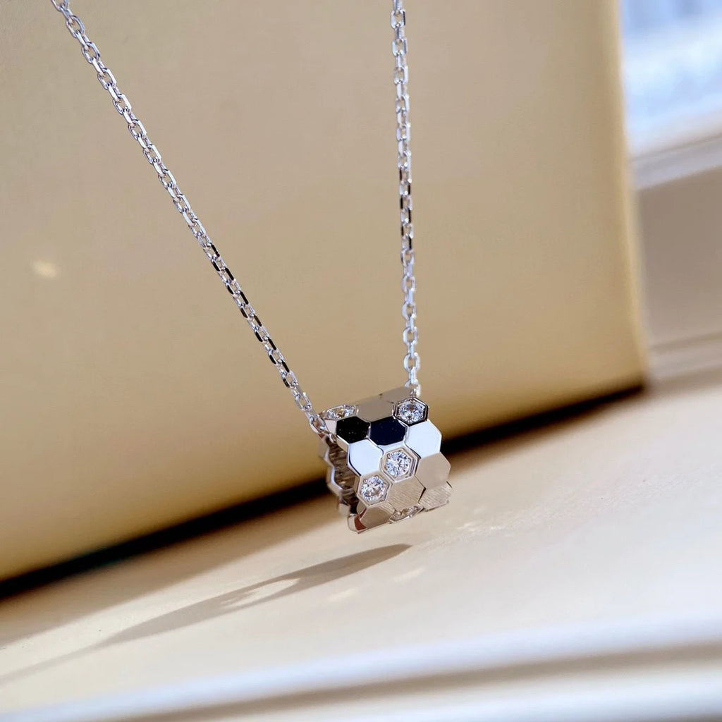 S 925 Sterling Silver Diamond Studded 18K Gold Premium CNC Honeycomb Series Charming Women's Necklace. Bee My Love