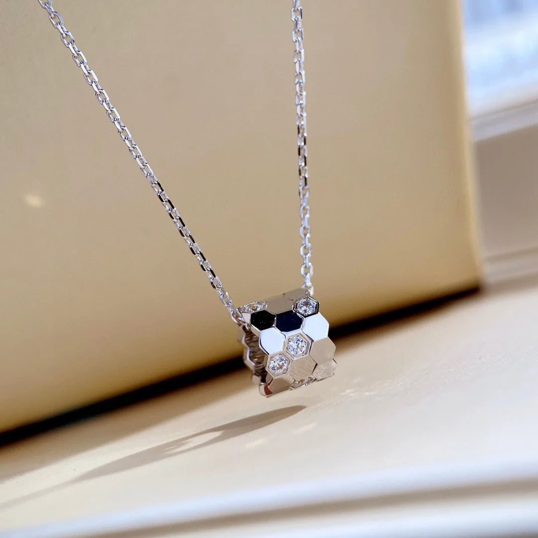 S 925 Sterling Silver Diamond Studded 18K Gold Premium CNC Honeycomb Series Charming Women's Necklace. Bee My Love