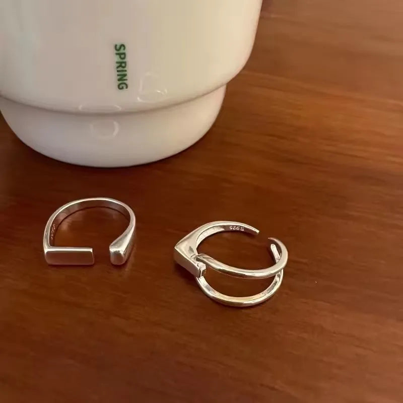 VENTFILLE 925 Sterling Silver Rings INS Fashion Hip Hop Vintage Couples Hollow Lines Punk Thai Silver Party Adjustable  Jewelry